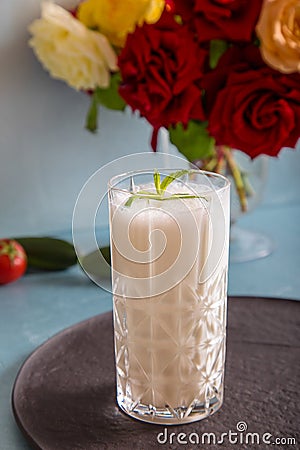 Ayran - liquid drink made from yogurt in ransparent glass cup Stock Photo