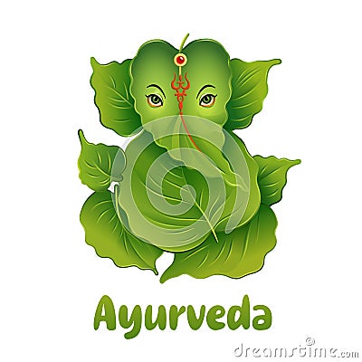 Ayurveda logo in the form of a green elephant from leaves in the Indian style. Alternative medicine logo. Vector flat illustration Vector Illustration