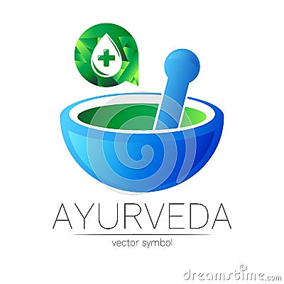 Ayurvedic Creative vector logotype or symbol. Mortar and pestle concept for ayurveda, business, medicine, therapy Vector Illustration