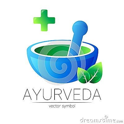 Ayurvedic Creative vector logotype or symbol. Mortar and pestle concept for business, medicine, therapy, pharmacy Vector Illustration