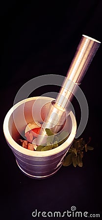 Ayurvedic ingredients in a mortar.Antiviral concept COVID19. Stock Photo