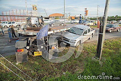 AYUTTHAYA, THAILAND - JULY 06: Rescue forces in a deadly car accident scene on July 06 2014. Road accident coupe gray hit the SUV Editorial Stock Photo
