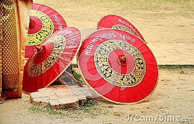 AYUTTHAYA, THAILAND-MARCH 26 : Red Traditional Umbrella Thai Style at Ayutthaya, Thailand Editorial Stock Photo