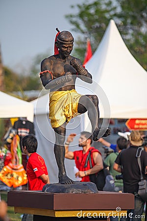 AYUTTHAYA,THAILAND - MARCH 17,2013: Thai boxer statue on Wai Kru ceremony in Wat Phutthaisawan at Ayutthaya old city. Editorial Stock Photo