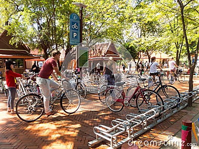 Ayutthaya,Thailand-18 OCTOBER 2018;Tourists use bicycles for travel, with bicycle parking at various locations and bicycle rental Editorial Stock Photo