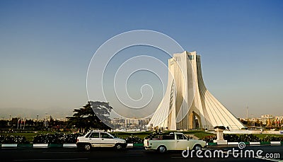 Azadi Tower with visible of dust and air pollution in the city. Tehran, Iran. Editorial Stock Photo