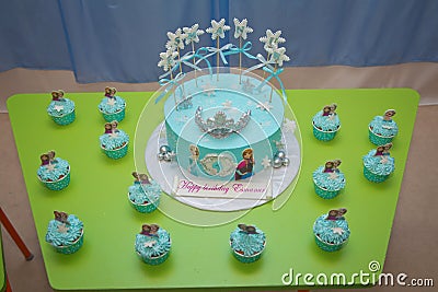 Frozen Birthday Cake . Disney Frozen cake. Kids birthday .Frozen themed child`s birthday cake . Azerbaijab Baku 04.02.2020 Editorial Stock Photo