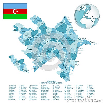 Azerbaijan administrative blue-green map with country flag and location on a globe Cartoon Illustration