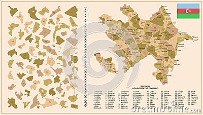 Azerbaijan - detailed map of the country in brown colors, divided into regions Cartoon Illustration