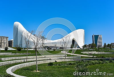 BAKU, AZERBAIJAN - May 2019: The Heydar Aliyev Center is a construction complex in Baku. Editorial Stock Photo