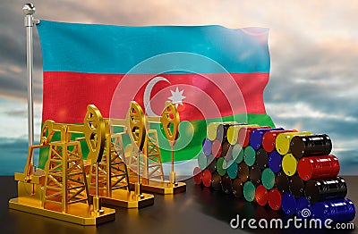 The Azerbaijan's petroleum market. Oil pump made of gold and barrels of metal. The concept of oil production. Stock Photo