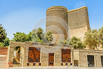 Azerbaijani stone buildings with GÄ±z GalasÄ± medieval Maiden tower, old town, Baku Stock Photo