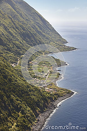 Azores coastline landscape with village in Sao Jorge island. Por Stock Photo