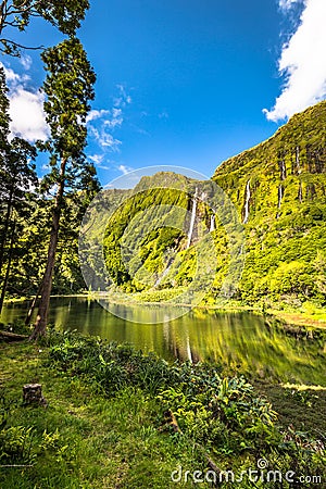 Azores landscape with waterfalls and cliffs in Flores island. Portugal. Stock Photo