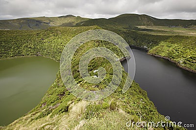 Azores landscape with lakes in Flores island. Caldeira Comprida Stock Photo