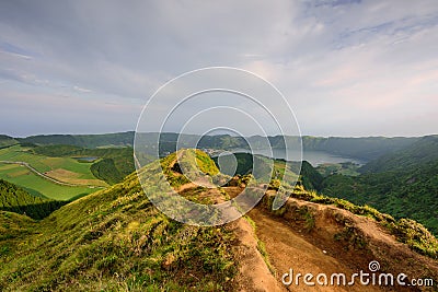 Azores panoramic view of natural landscape, wonderful scenic island of Portugal. Beautiful lagoons in volcanic craters and green f Stock Photo