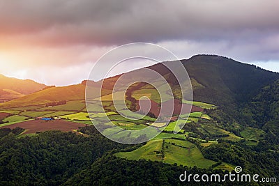 Azores panoramic view of natural landscape, wonderful scenic island of Portugal. Beautiful lagoons in volcanic craters and green Stock Photo