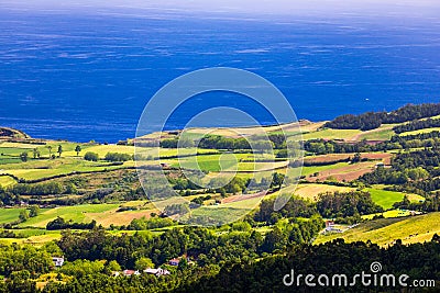 Azores panoramic view of natural landscape, wonderful scenic island of Portugal. Beautiful lagoons in volcanic craters and green Stock Photo