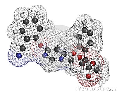 Azoxystrobin fungicide molecule. 3D rendering. Atoms are represented as spheres with conventional color coding: hydrogen white,. Stock Photo