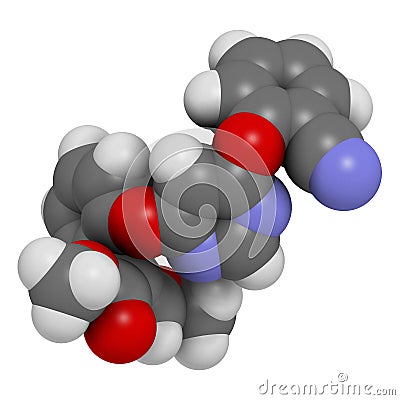 Azoxystrobin fungicide molecule. 3D rendering. Atoms are represented as spheres with conventional color coding: hydrogen (white), Stock Photo
