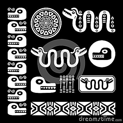 Aztec animals, Mayan snake, ancient Mexican design set in white on black background Stock Photo