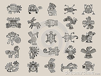 Aztec animals. Mexican tribals symbols maya graphic objects native ethnicity drawings recent vector aztec civilization Vector Illustration