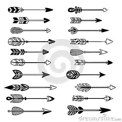 Aztec arrows. Ornament bow arrow with feather, hipster graphic pointer and tribal arrowhead hand drawn vector set Vector Illustration