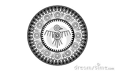 Aztec Bird round frame sign isolated ancient religion symbol. Vector Maya fantastic animal tattoo icon. American culture totem Vector Illustration