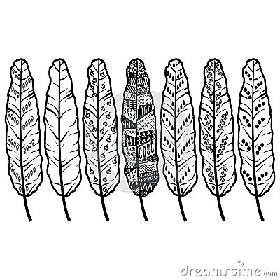 Aztec culture tribal feathers in native American ornaments style in black and white Vector Illustration