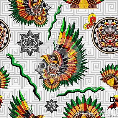 Aztec Eagle Warrior Mask with tribal elements and feathers Crown Decorations Vector Seamless Textile Motive Pattern Design Vector Illustration