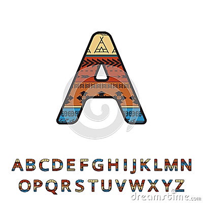 Aztec ethnic hand drawn ornamental font. Vector english colorful alphabet Vector Illustration