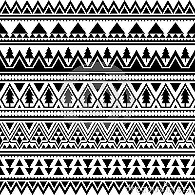 Aztec Ethnic Seamless Pattern. Triangle Shape Tribal Illustration Vector. Merry Christmas Motif Design in Black And White Color. Vector Illustration