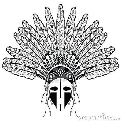 Aztec, ethnic style headdress with decorative feathers, beads symbolizing native American tribes and warrior culture in black and Vector Illustration