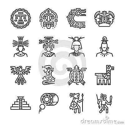 Aztec icon set. Included the icons as maya, mayan, tribe, antique, pyramid , warrior and more. Vector Illustration