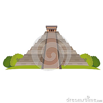 Aztec pyramid with green bushes at base on white. Realistic vector Vector Illustration