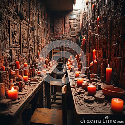 Aztec ritual chamber with intricate murals Stock Photo