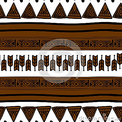 Aztec seamless pattern with brown stripe arrow tribal hand drawn multicolor background. Ethnic drawing symbol vector illustration Vector Illustration