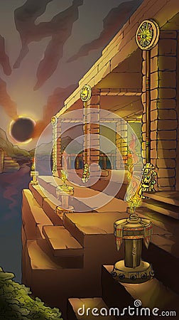 Aztec temple in eclipse light Stock Photo