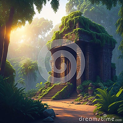 Aztec temple ruins in the jungle illustration. Generative Ai Cartoon Illustration