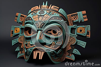 Aztec traditional, ceremonial mask on dark background. Warrior mask. Tribal totem. Aztec-inspired mask showcasing Stock Photo