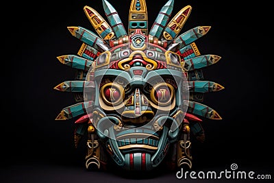 Aztec traditional ceremonial mask on dark background. Warrior mask. Tribal totem. Aztec-inspired mask showcasing Stock Photo