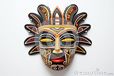 Aztec traditional, ceremonial mask on white background. Warrior mask. Tribal totem. Aztec-inspired mask showcasing Stock Photo