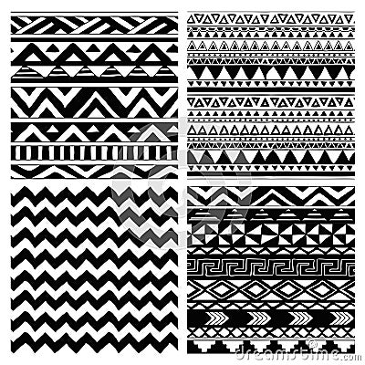 Aztec Tribal Seamless Black and White Pattern Set Vector Illustration