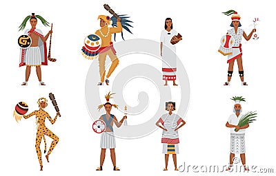 Aztec tribe people of ancient civilization set, man woman in traditional dress clothes Vector Illustration