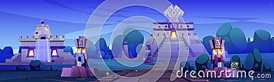 Aztec village with temple and statues at night Vector Illustration