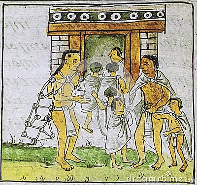 Aztecs carrying their sons to Calmecac or School. Florentine Codex Editorial Stock Photo