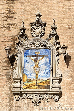 Azulejo of Jesus on the cross, Seville Stock Photo