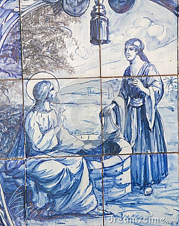 Azulejo - Jesus and the Samaritan woman at the well Stock Photo