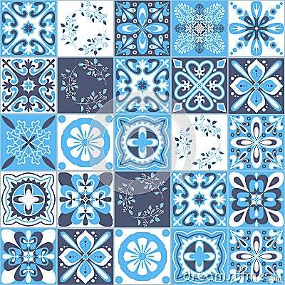 Azulejo majolica ceramic tile blue white traditional organic pattern, arabic style vector illustration Vector Illustration