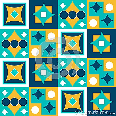 Azulejo pattern. Square tiles with colored geometric patterns. Vector Illustration